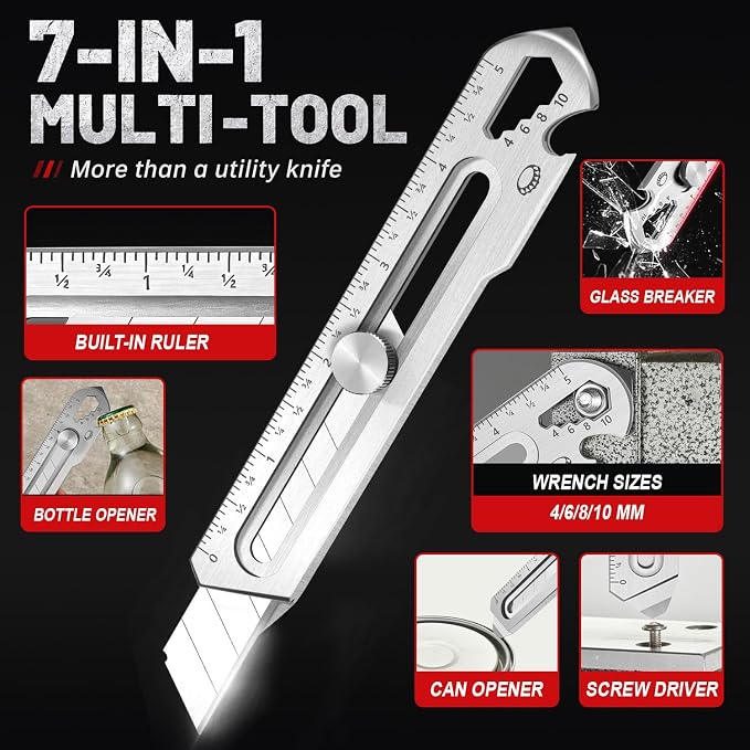 BECOWIN 2PC 7-in-1 Stainless Steel Utility Knife, 18mm Snap-Off Box Cutter | Retractable Metal Utility Knife with Built-In Ruler, Multi Tool Design, Perfect for DIY, Garage, Workshop and Daily Cutting