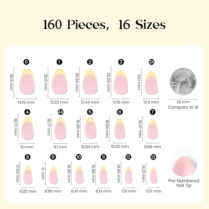 Beetles Yellow French Tips Press On Nails, 160 Pcs Pastel Spring Press On Nails Short Almond, Yellow Fake Nail Tips Soft Nail Gel False Nails Art DIY For Women