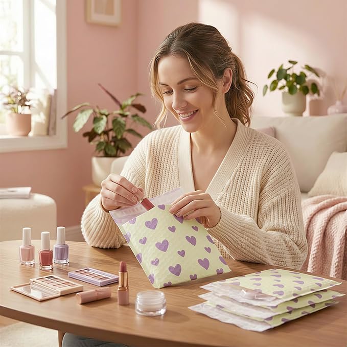 Fuxury Bubble Mailers 6x10" Padded Envelopes 100 Pack Usable Size 6x9"Bubble Envelopes Self Seal Small Padded Mailers for Small Business Shipping Bag, Gifts, Jewelry, Makeup,Purple Heart In Beige #0
