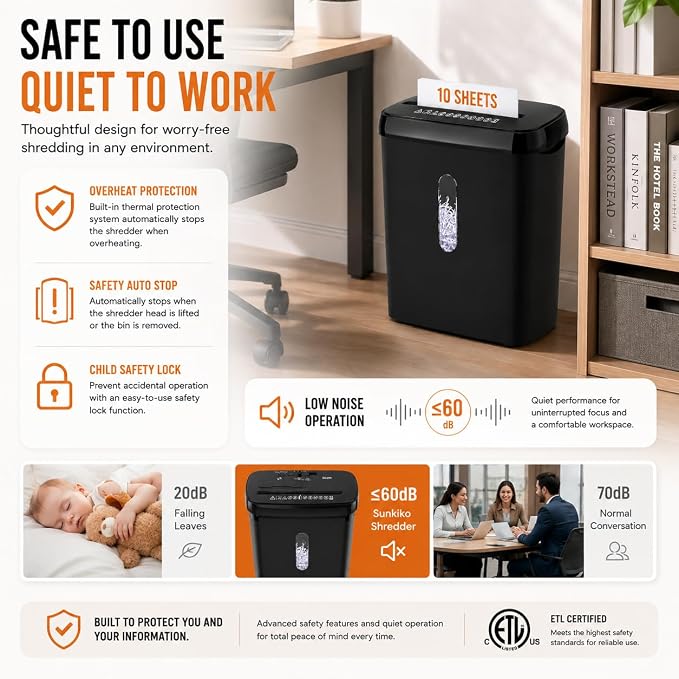10-Sheet Strip Cut Paper Shredder with Jam Proof System, P-2 Security Level, 5-Minute Continuous Operation, 3.17 Gallon Capacity, Black