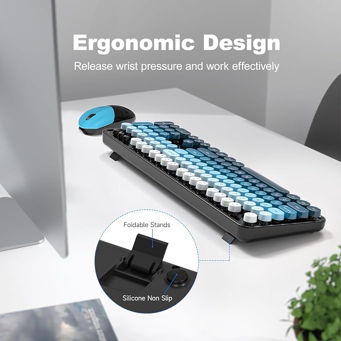 MOFII Wireless Keyboard and Mouse Combo, Retro Full Size Typewriter Keyboard with Number Pad and Sport Car Mouse for PC Computer Desktop Laptop Windows (Black Blue)