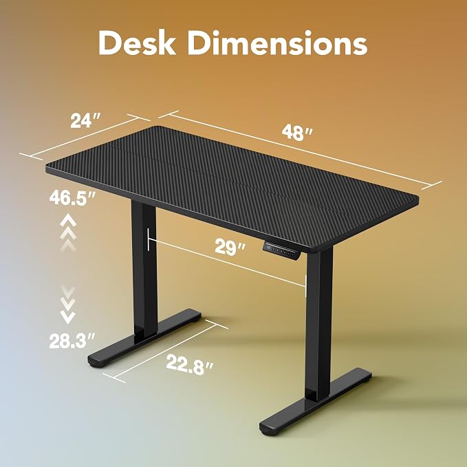 HUANUO 48x24 Inch Electric Standing Desk, Adjustable, Carbon Fiber Black | 176 Lbs Capacity, Smooth Home Office Desk, 4 Memory Presets & Headphone Hooks, 28.3–46.5 Inch Height Range, Easy to assemble