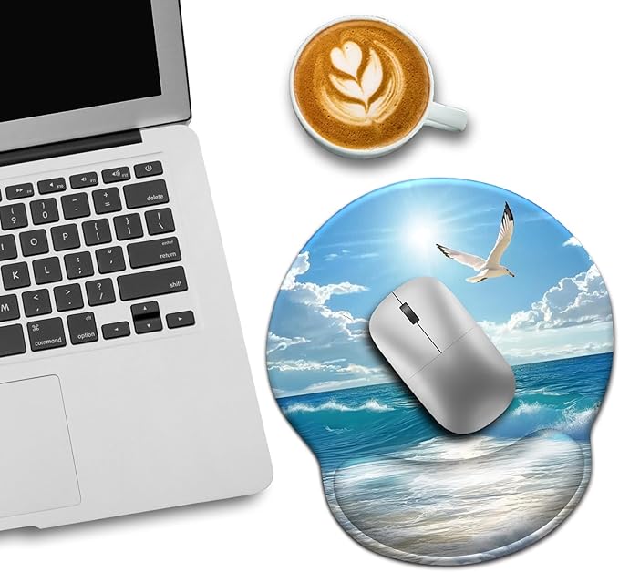 Beach Ocean Wave Mouse Pad with Wrist Rest, Ergonomic Mouse Pad Wrist Support with Non-Slip Pain Relief PU Base, Funny Computer Mousepad, Cute Office Supplies Home Desk Accessories Decor