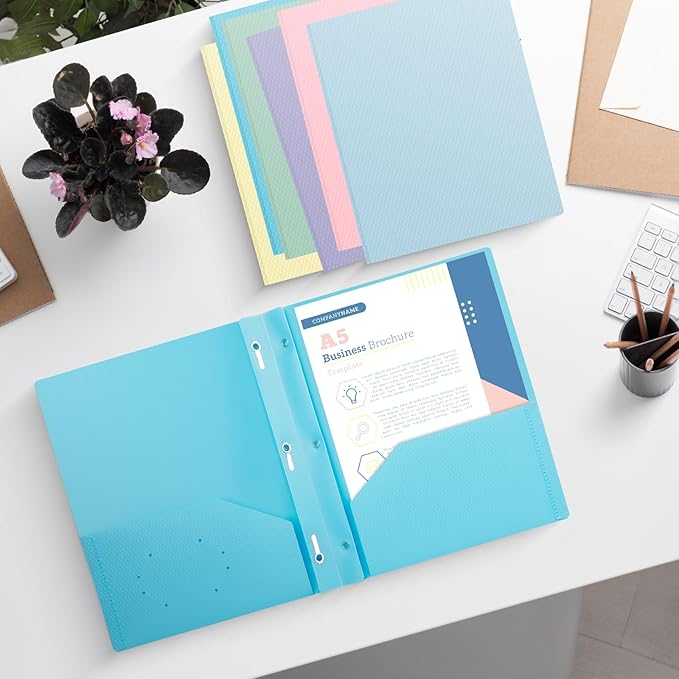 6-Pack Plastic andPockets and Prongs,2-Pocket and3 Fasteners, Pastel Folders Holds 8-1/2" x 11" Paper for School/Office/Home, Blue