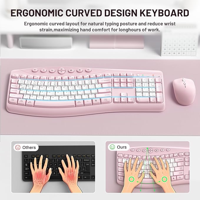 Wireless Keyboard and Mouse Combo Silent Ergonomic Curved Design for Office | 2.4G Full Size Cordless Keyboard with Tilt Legs,3-Level DPI Quite Mouse for Windows,Mac OS/Desktop/Laptop/PC