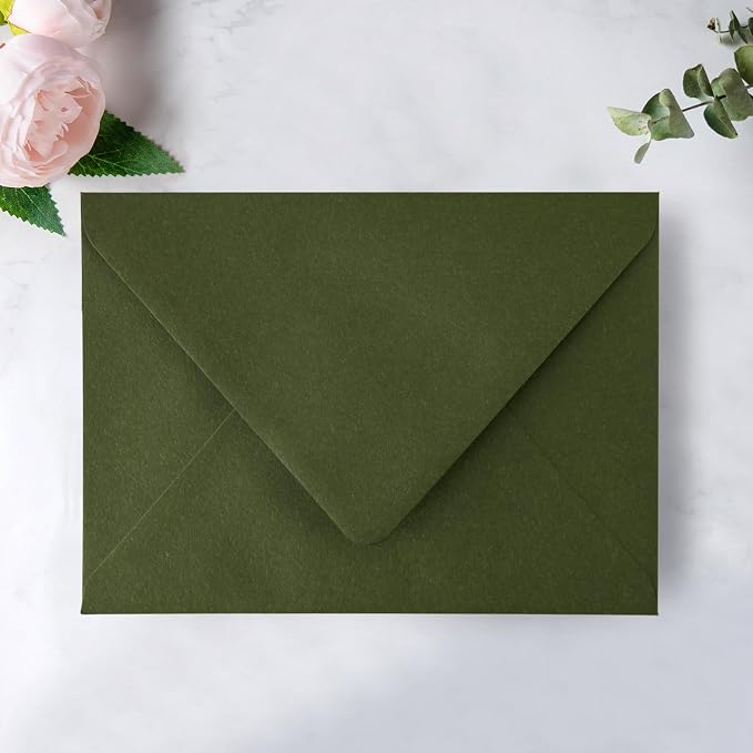 PONATIA 50PCS A7 Euro Flap Envelopes, 5.25 x 7.25'' Envelope for 5x7'' Weddings Invitation Cards, Christmas Gift Cards, Acrylic Invitations, Photos (Olive Green (No Liner))