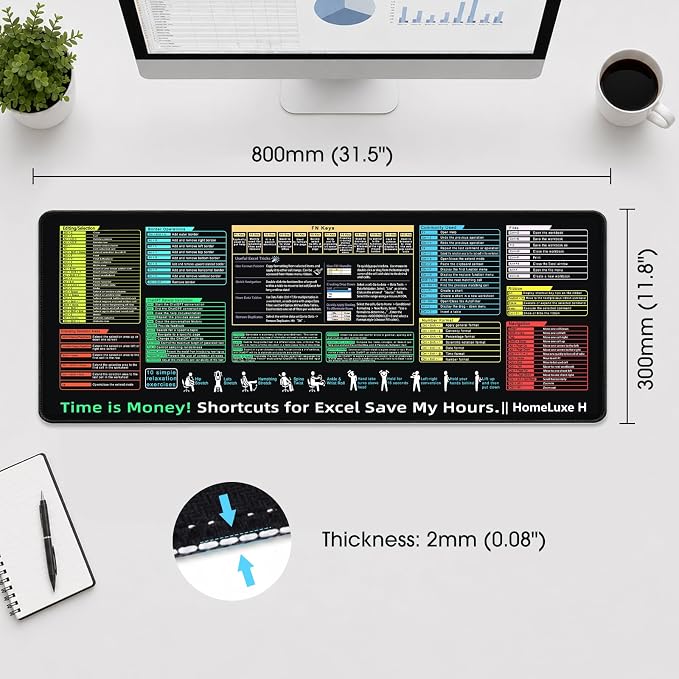 Excel Cheat Sheet Desk Pad-Big Mouse Pad(31.5in×11.8in×0.1in) | Desk Mat for Microsoft Excel Shortcuts | Office Desk Accessories | Non-Slip Stitched Edge