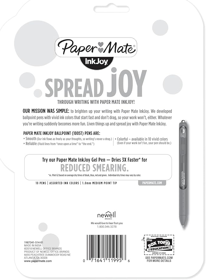 Paper Mate InkJoy 100ST Ballpoint Pens, Medium Point (1.0mm), Assorted, 18 Count