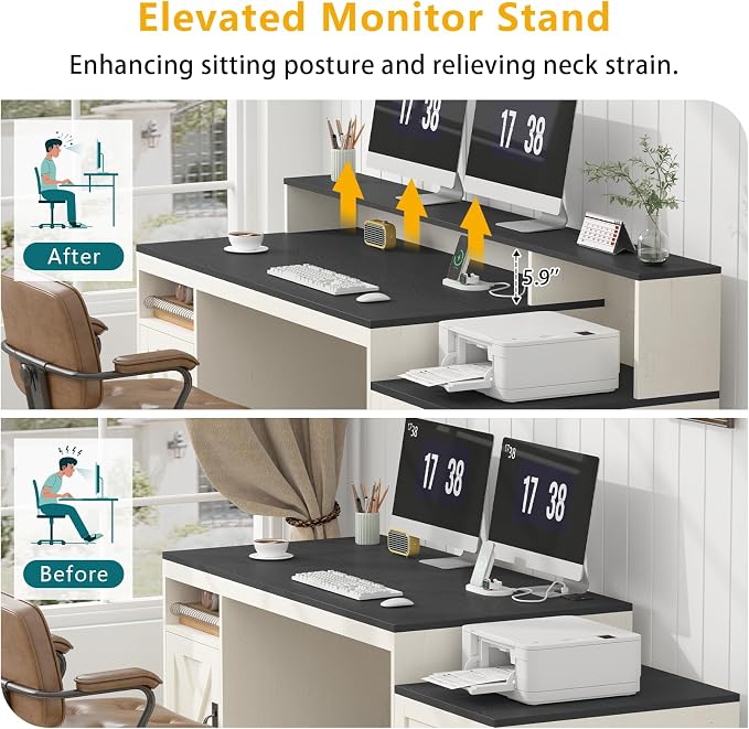 65" Farmhouse Computer Desk with Drawers and Printer Stand for Home Office | Office Desk with Power Outlets and Storage Cabinet, Study Writing Desks with Long Monitor Stand, Black and White