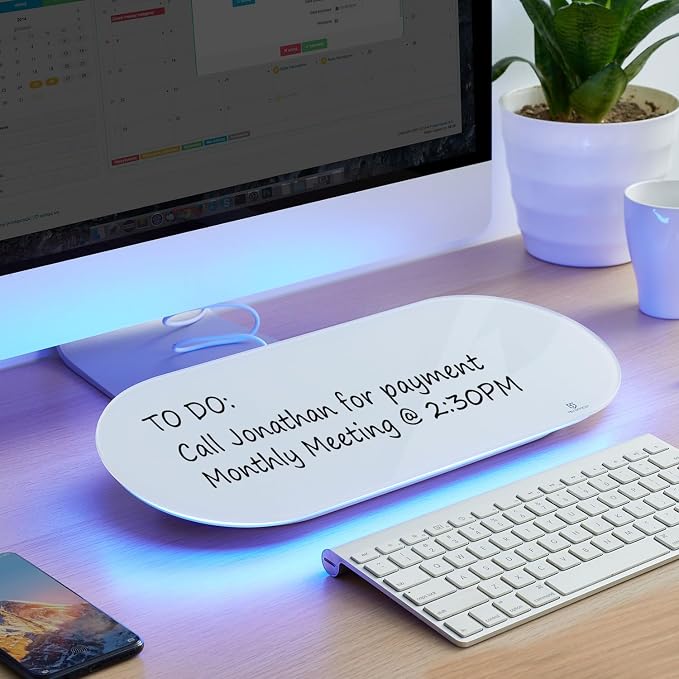 Glass Desktop Whiteboard - 17 X 7 Inches Small Dry Erase Board with Blue Light, Glass White Board Surface Notepad with 1 Drawer, Desk Organizers for Office, Home, School Supplies