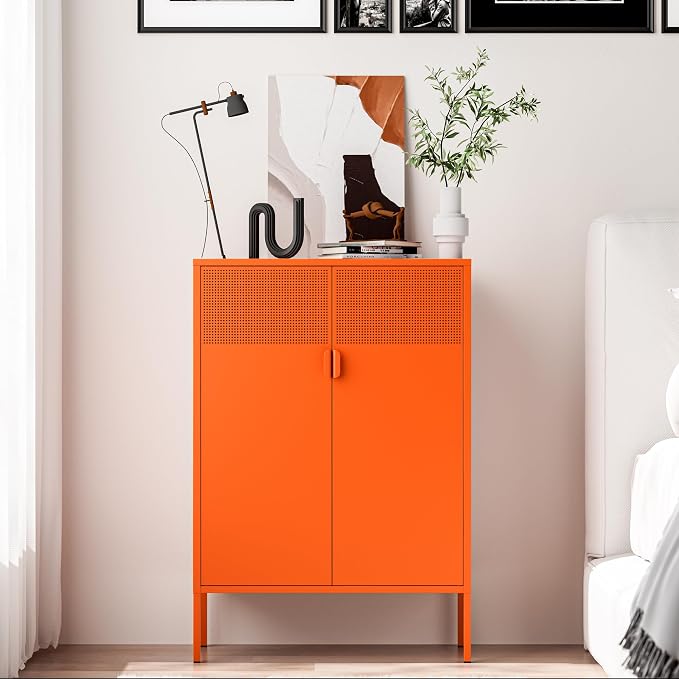 Washsemba 2 Mesh Door Metal Cabinet with Adjustable Shelves, Multipurpose Orange Storage Cabinet, 3-Tier,Metal Storage Cabinet for Office Home,Hallway(Orange, 47''H)