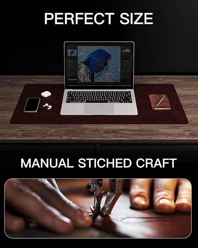 YSAGi Genuine Leather Desk Mat, 31.5"x15.8"Office Desk Pad, Thick Desk Pad Mat with Stitched Line, Non-Slip Desk Mat with Rubber Base (Red Brown, 31.5"x15.8")