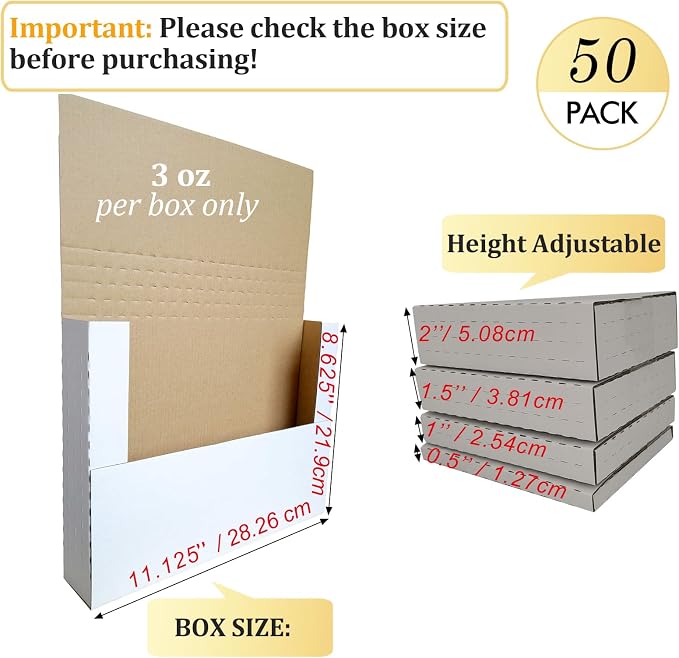 50 Pack Comic Book Shipping Box Mailers, 11 1/8×8 5/8×2" Height-Adjustable | SZYANGDA Sturdy Cardboard Easy-Fold Mailers for Letter-Size Comics & Documents, White