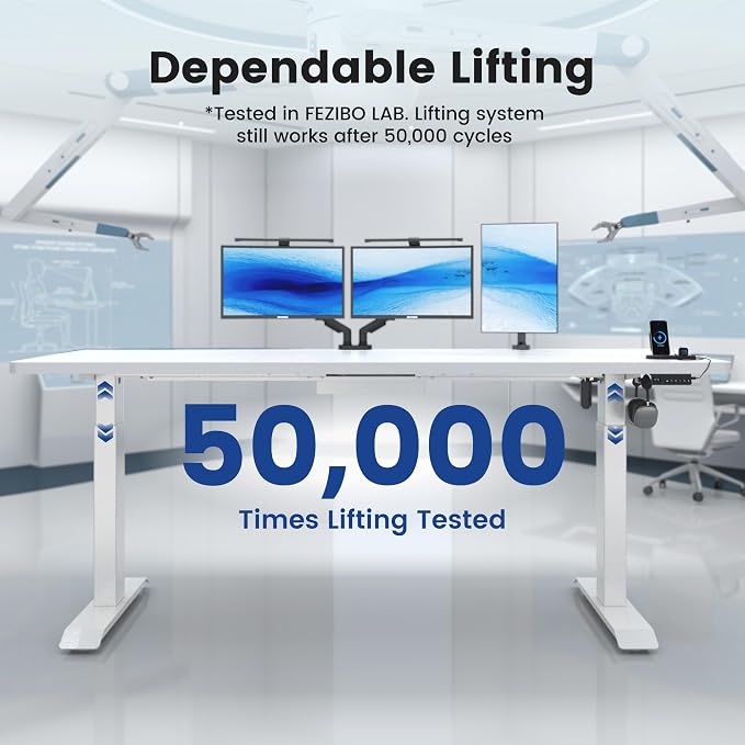 FEZIBO Standing Desk 63 × 37 Inch Electric Height Adjustable, White | 1" Thick Large Adjustable Desk with Integrated Dual-Beam, Cable Management, Computer Desk for Home Office Workstation