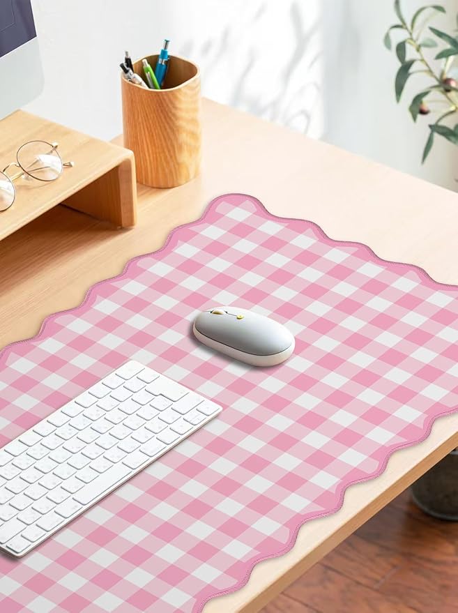 Scalloped‌ Pink Checkered Gingham Desk Mat Cute Pastel Large Mouse Pad Kawaii Cottagecore ‌Vintage‌ Girly Laptop Keyboard Computer Mat Pad Aesthetic Cozy Office Desk Decor for Women