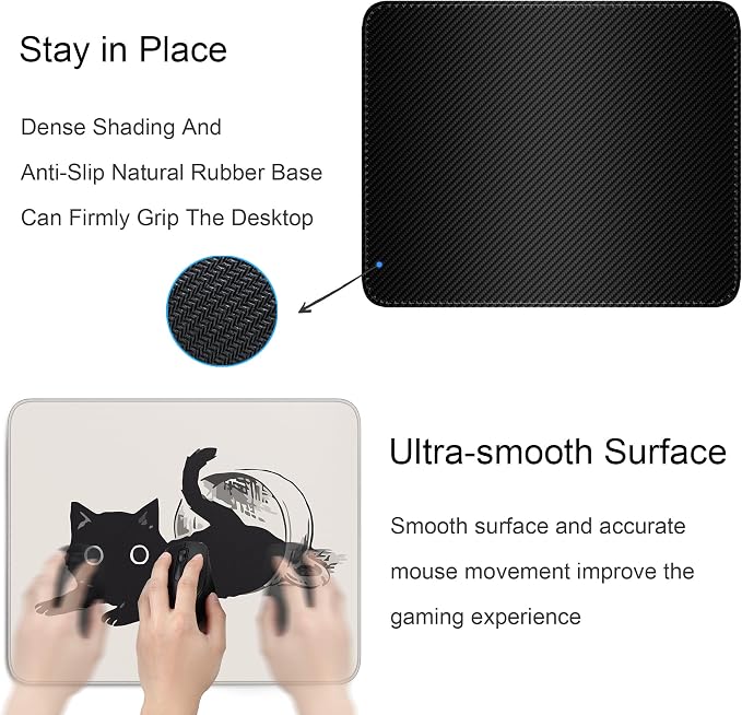 Cute Black Cat Mouse Pad,Kawaii Anime Cat Mouse Pads for Wireless Mouse Desk Accessories,10"X8" Travel Mousepad with Non-Slip Rubber Base, Stitched Edge Mouse Pads for Desk,Computers,Laptop,Office