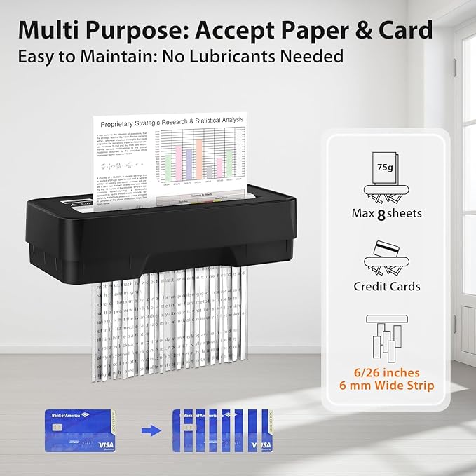 Paper Shredder for Home Use, 8-Sheet StripCut Home Office Shredder | CD/Credit Card Shredder Machine, Overheat Protection, 3.2 Gallons Wastebasket