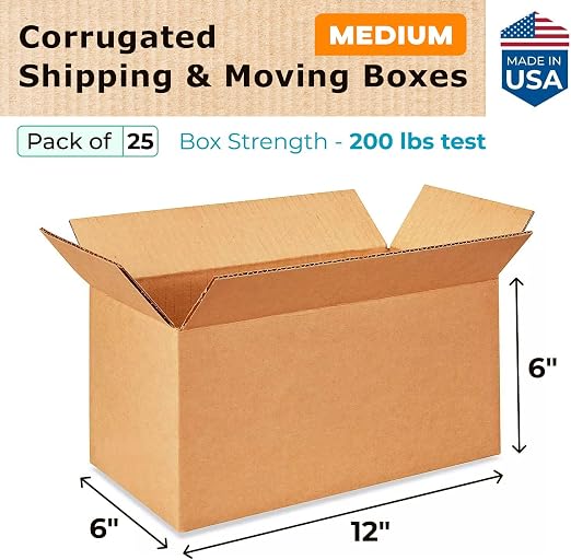 Medium Moving & Shipping Boxes 12"L x 6"W x 6"H (25-Pack) - Extra Strength 200 lb vs Regular - USA-Made Corrugated Medium Moving Boxes for USPS/UPS/FEDEX - Shipping Box - Packing Box by IDL Packaging | Extra Strength 200 lb vs Regular - Corrugated Medi...