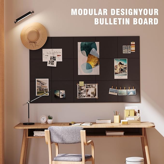48"x36" Felt Corkboard Bulletin Board,TSJ OFFICE,12 Pack for Wall,Black | Includes 50 Pushpins & Clips, Removable Adhesive Tabs, Alternative Wall Tiles for Home, Office Decor, Install Without Damage