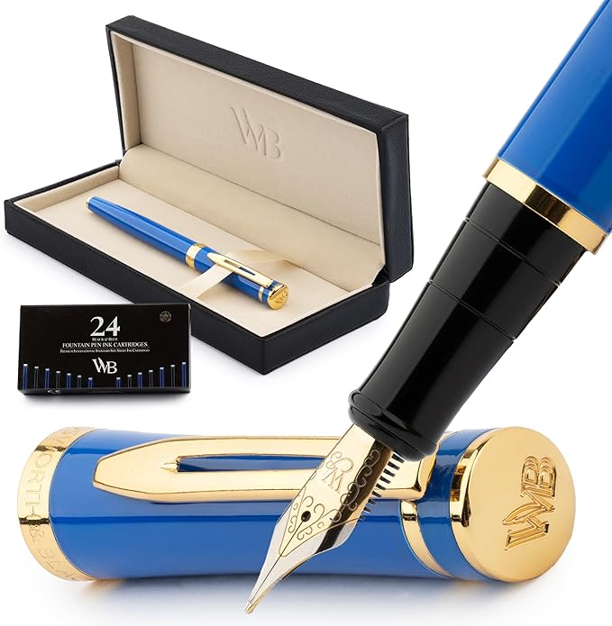 Wordsworth & Black Luxury Fountain Pen Set for Writing, Medium Nib, Blue | Gift for Men & Women, Brass Body, 18K German Iridium, Calligraphy, Converter + 24 Ink Cartridges, Refillable, Leak-Free
