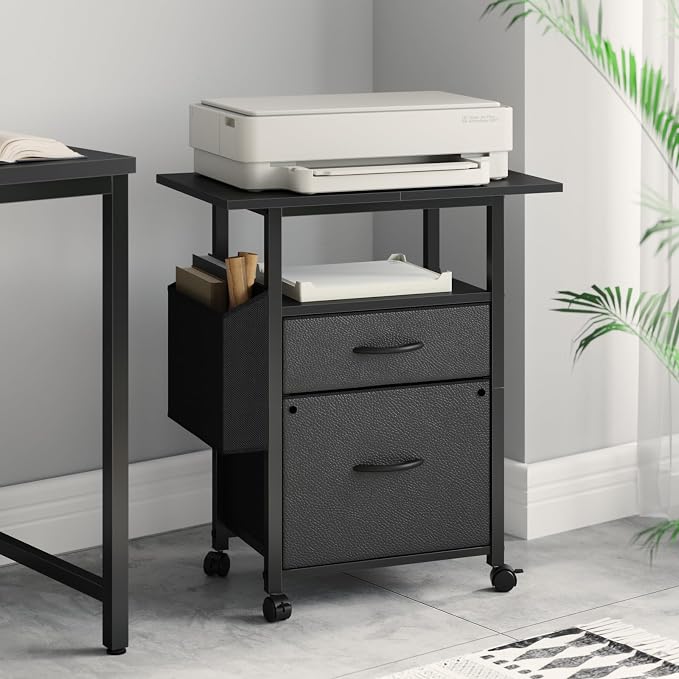 GYIIYUO 2 Drawer File Cabinet 24''W, Mobile Filing Cabinet, Printer Stand | 24'' Extended Desktop, Rolling, Side Bag, Fits A4/Letter Size, Home Office, Fabric Drawer, Black
