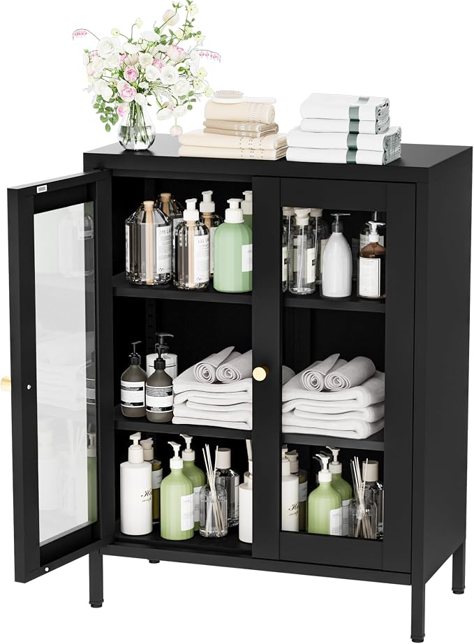 YAUWOH Metal Bathroom Cabinet with Glass Doors,Bathroom Floor Storage Cabinet with 2 Adjustable Shelves & 2 Doors, Sideboard for Small Spaces, Living Room, Dining Room, Home Office