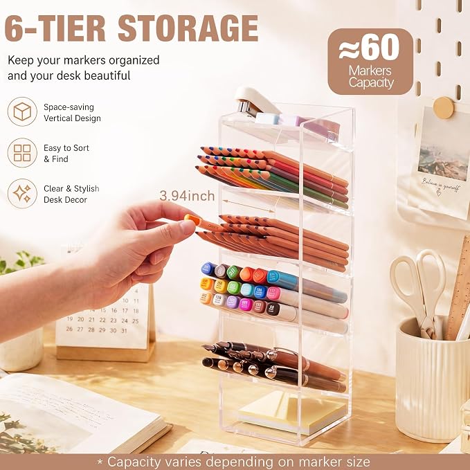 MotiMind Acrylic Pen Organizer Storage for 60 Markers Vertical Marker Organizer Acrylic Pen Display Holder for Office Desk Desktop Stationery Pencil Storage, Clear, 3.4 x 4 x 13 Inch