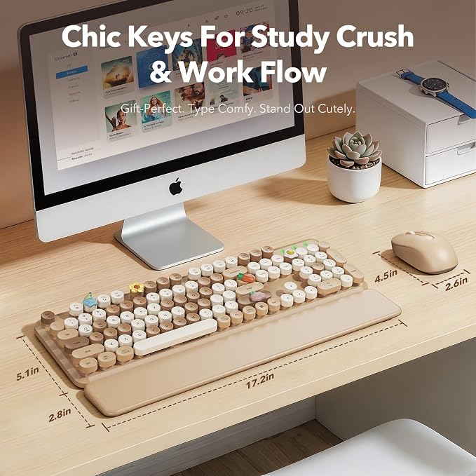 Wireless Keyboard and Mouse Combo, Round Keycaps, Full-Size Retro Typewriter-Style Keyboard with Magnetic Wrist Rest, Tilt Legs, 2.4GHz Cordless for Mac, Windows PC, Laptop, SABLUTE CK23, Latte Beige | Full-Size Retro Typewriter-Style Keyboard, Tilt Le...