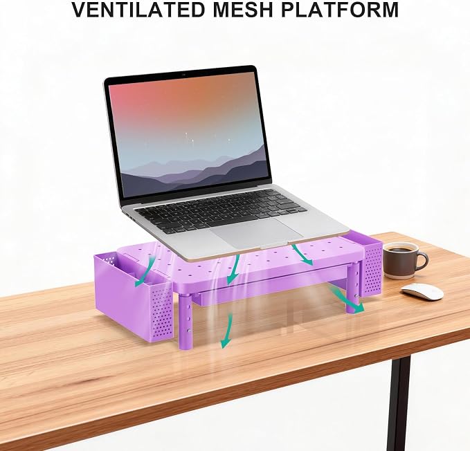WALI Computer Monitor Stand with Storage and Pen Holder | 3 Height Adjustable Desk Organizer with Drawer, Desk Laptop Monitor Riser for Computer, Printer(PTT003-V), 1 Pack, Violet
