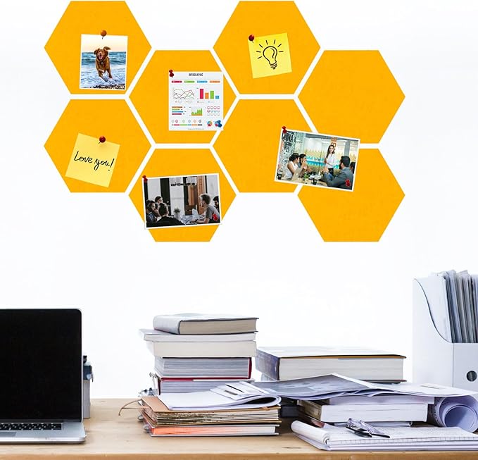 Large Hexagon Felt Cork Board Tiles, Self Adhesive DIY Felt Bulletin Board Pin Board with 35 Pushpins for Office School Home Wall Decor Stickers Memos Photos Display(Light Orange)