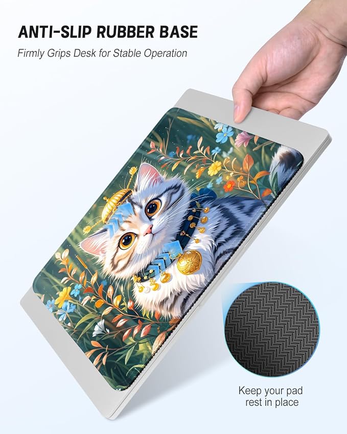 Mouse Pad, Cute Mouse Mat, 10" x 8", King Cat | Square Waterproof Gaming Computer Mat, Textured Top, Stitched Edges, Non-Slip Rubber Base for Office Home Laptop Keyboard