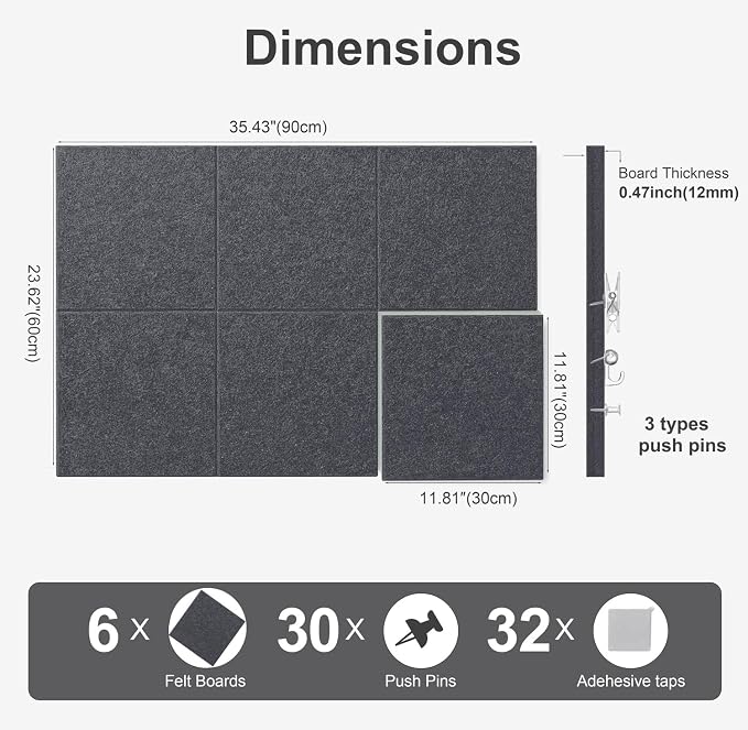 Felt Wall Tiles Bulletin Board Large Cork Board Alternative 6 Pack 11.81”x11.81”x0.47” Felt Pin Board Tack Board with Safe Removable Adhesive Tabs for Home Office School 36x24 (Charcoal Grey)