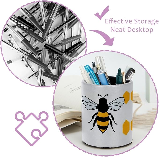 Leather Pen Holder for Desk, Cartoon Bee Pencil Cup Pen Organizer Makeup Brush Holder for Office Home Kids Countertop Desk Accessory Storage