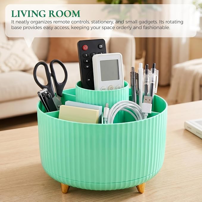 KONVINIT Pencil Pen Holder for Desk, 5 Slots 360-Degree Rotating Desktop Organizer, Cute Desk Organizers and Accessories for School, Home, Office and Art Supply, Mint Green