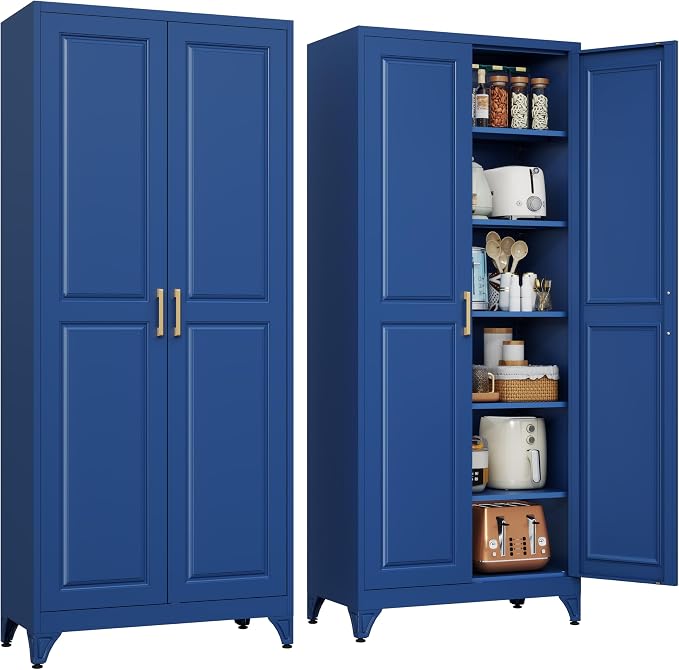75" Kitchen Pantry Cabinet, Metal Storage Cabinets with 2 Doors | Kitchen Cabinet with 5 Adjustable Shelves, Tall Food Pantry Storage Cabinet, Cupboard for Kitchen, Dining Room, Living Room