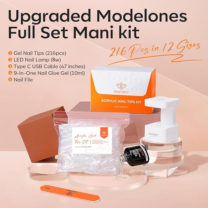 modelones X Nail Gel Kit Short Almond, 9-in-One Nail Glue with Portable U V Lamp 216Pcs 12Sizes Pre-Etched Press ons Fake Acrylic Extension Kit DIY Salon Gift for Women