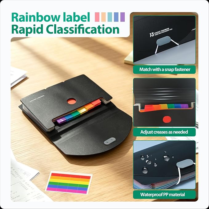 2 Pack 13 Pocket A6 Accordion File Folder with Strap | Portable Expanding Document Organizer, Multi-Pocket Rainbow Filing Wallet for Receipts, Cards, Notes, Office & School Use