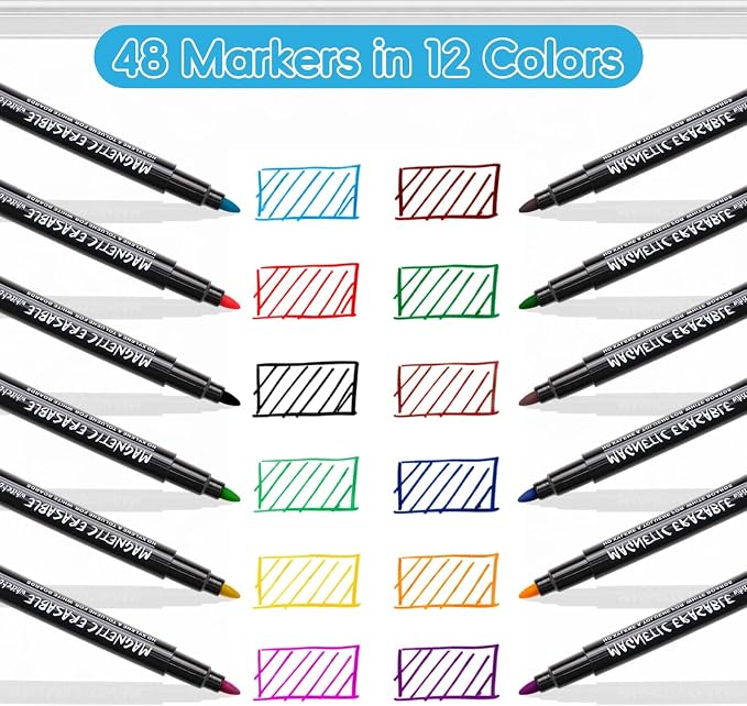 EMART Dry Erase Markers Fine Tip 48 Count Magnetic White Board Markers | 1-2mm Thin Whiteboard Pens with Eraser Cap Low Odor for School, Classroom, Office, Home, Teacher Must Haves