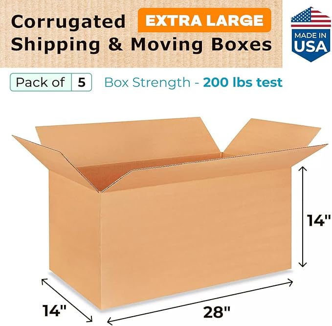 Extra Large Shipping & Moving Boxes 28 x 14 x 14 inches (5-Pack) - Extra Strength 200 lb vs Regular - USA-Made Corrugated Strong Cardboard Boxes - Durable Packing - Cardboard Box by IDL Packaging