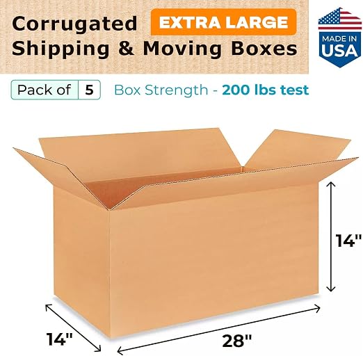 Extra Large Shipping & Moving Boxes 28 x 14 x 14 inches (5-Pack) - Extra Strength 200 lb vs Regular - Corrugated Strong Cardboard Boxes - Durable Packing - Moving Box Cardboard by IDL Packaging | Extra Strength 200 lb vs Regular - Corrugated Strong Car...