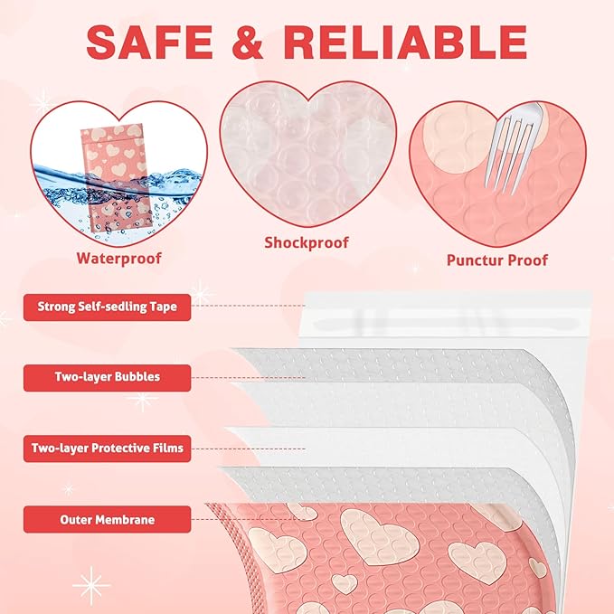 Tinlade 100 Pack Pink Bubble Mailers 6x10" Pink Heart Padded Envelopes Usable Size 6x9" Peel and Seal Waterproof Poly Mailers for Packaging, Shipping, Small Business, Boutique
