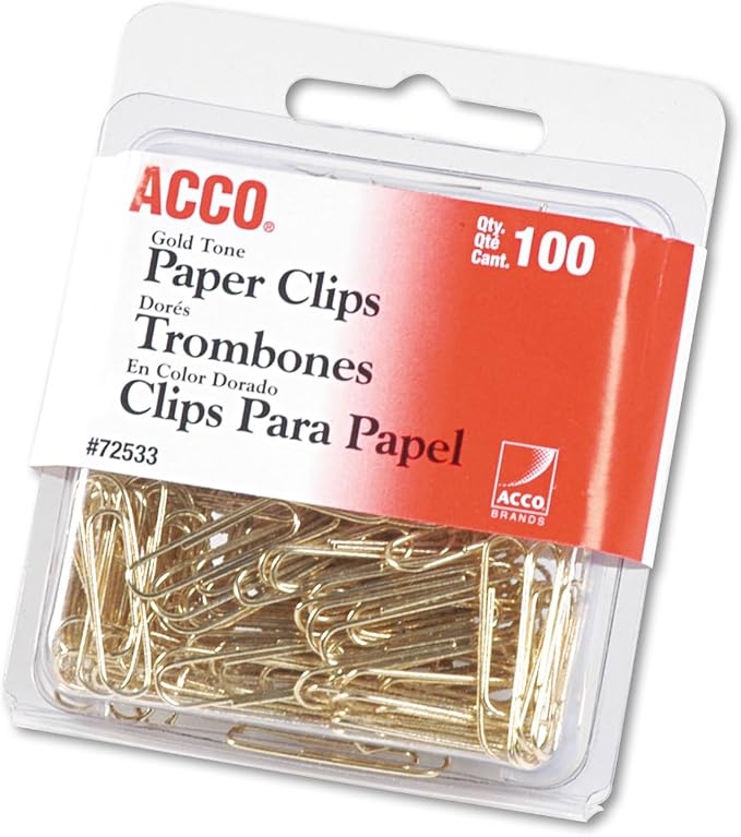 ACCO Brands Paper Clips, Regluar, # 2 Size, Smooth, Gold, 100 Clips/Box (72533), Model:A7072533