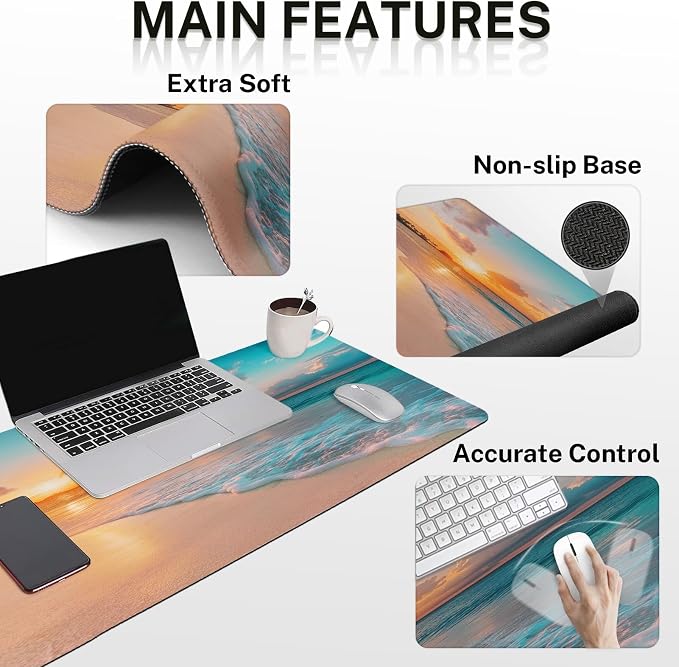 Arttown Keyboard Mouse Pad Set, 4 in 1 Desk Mat Set Ocean Beach | Summer Sea Wave Large Mousepad+Keyboard Wrist Rest+Mouse Wrist Rest+Coaster Ergonomic Design for Home Office Computer