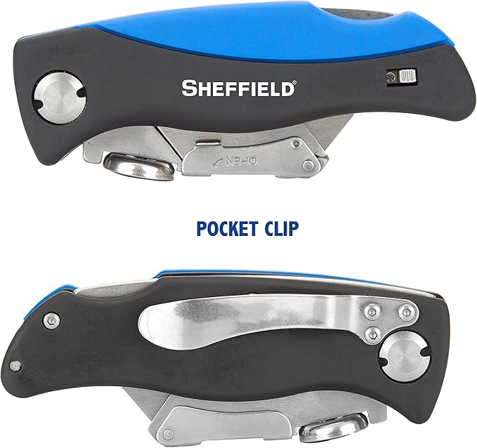 Sheffield Folding Utility Knife, Accepts Standard Utility Knife Blades, Box Cutter, Razor Blades Included, For Home, Office, Trades, and Warehouse