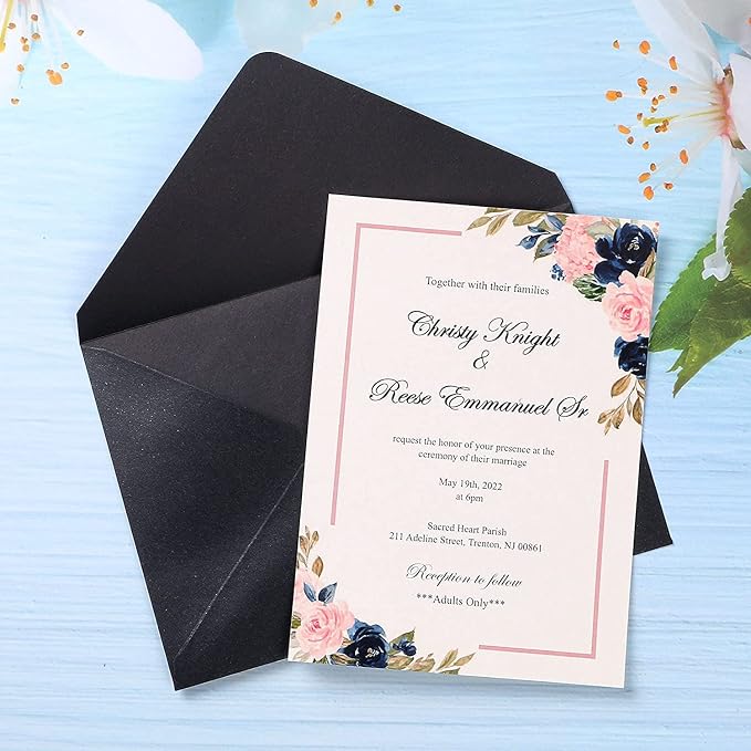 PONATIA 50 Pieces/Pack A7 Envelopes, 5.25 x 7.25'' Black Shiny Envelopes Perfect for 5x7'' Invitation Cards, Weddings Invitations, Photos, greeting Cards, Christmas Gift Cards