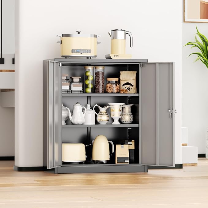Metal Storage Cabinet, 36” Steel Locking Cabinet with Doors and Shelves, Black Grey Utility Cabinet Garage Cabinets for Home Office, Garage, Kitchen