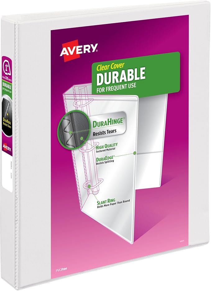 Avery Durable View 3 Ring Binder, 1" Slant Rings, 1 White Binder | For Daily School, Home and Office Use, DuraHinge Tear-Resistant Spine, DuraEdge Split-Resistant Edges, Clear View Cover