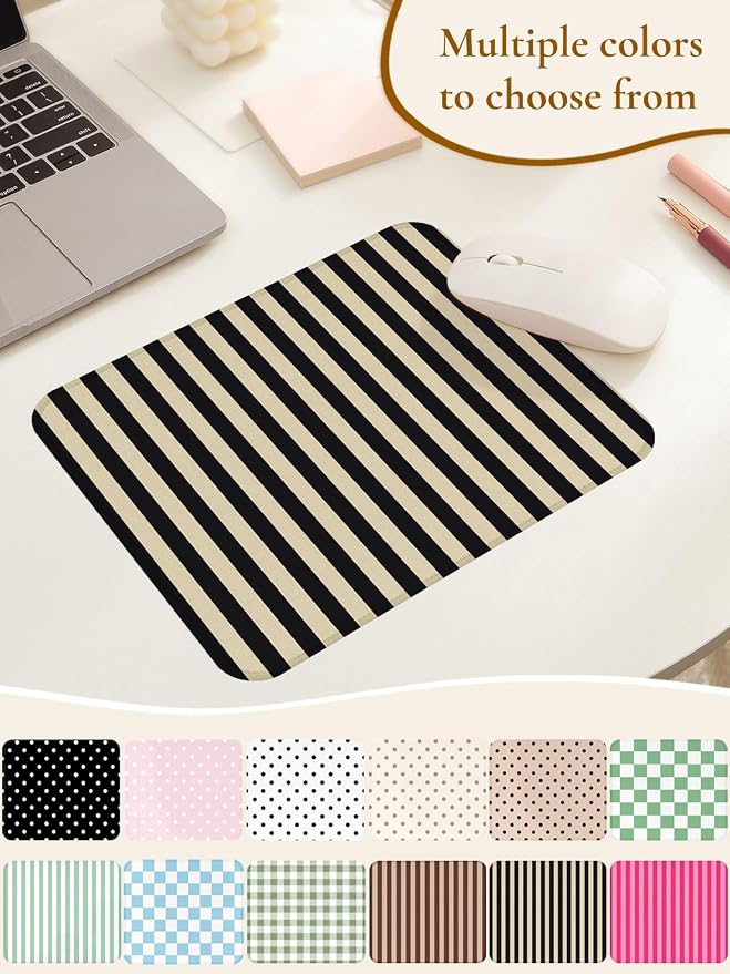 Square Cute Striped Mouse Pad with Stitched Edge, Premium Waterproof Cloth Aesthetic Small Stripe Mouse Mat, Non-Slip Rubber Base Funny Mousepad Desk Accessories,Striped Black Grey