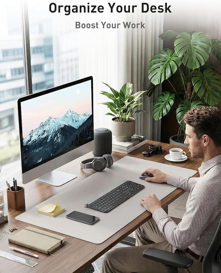 Aothia Faux Leather Desk Mat - Non-Slip PU Leather Desk Blotter, Waterproof Writing Surface, Large Desk Pad for Office & Home (Pale Lavender White, 55" x 17")
