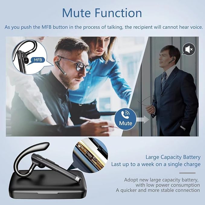 Bluetooth Headset with Microphone, Wireless Bluetooth Earpiece for Work, Trucker Headset with ENC Noise Cancelling Mic, 72H Charging Case, Bluetooth 6.1 Hands Free for Driving Office PC Phone, Black